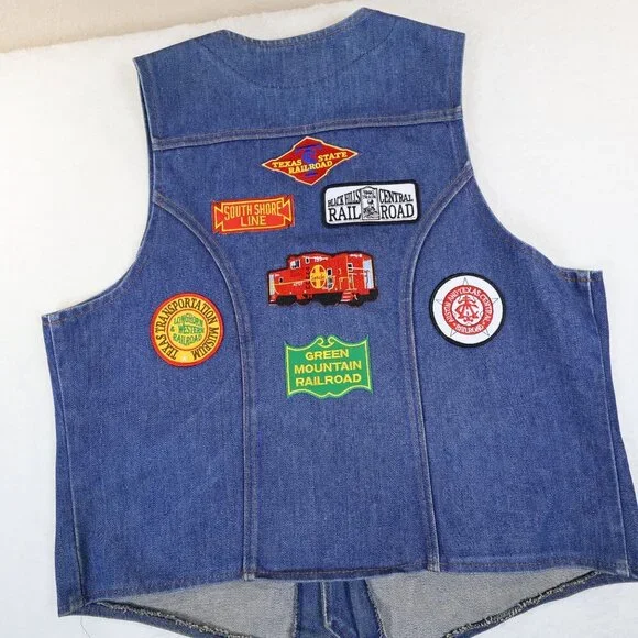 Vintage Wrangler‎ Western Denim Vest XL Railroad Train Patches and Pins - Picture 9 of 16